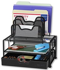 SimpleHouseware Mesh Desk Organizer with Sliding Drawer, Double Tray and Black
