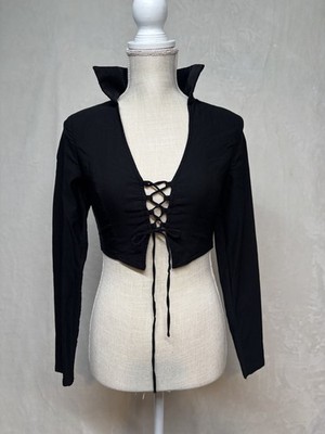 Vtg Womens S Crop Top long Sleeve Stretch Black Witchy Goth Vamp Grunge Festival