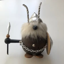 Scandinavian Wood Viking Figure MCM Beard Helmet Axe Denmark Style Folk Art