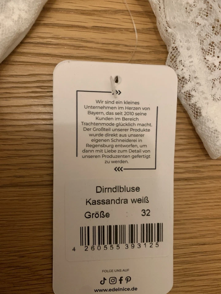 Neu! Dirndlbluse Gr. 32 Edelnice Kassandra weiß halbarm Spitze - Bild 2 von 4