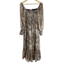 Betsey Johnson Brown Snakeskin Dress Smocked Long Sheer Sleeve Size Medium GUC