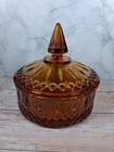 VTG Depression Amber INDIANA GLASS Princess Cut Diamond Point Lidded Candy Dish