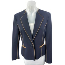 Nine West Women's Blue Orange Trim Long Sleeve One Button Blazer Coat Jacket 6