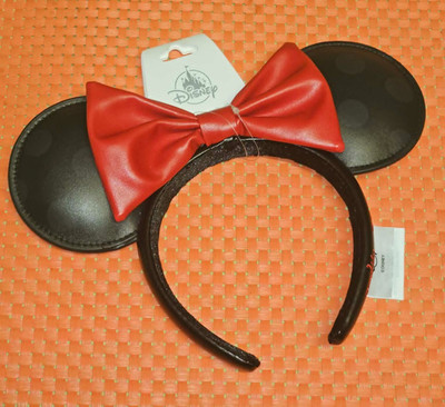 Disney Parks Black with Red Bow Faux Leather Minnie Mouse Ears Headband NEW