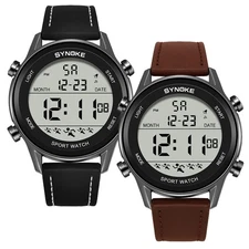 Mens Digital Sport Watch Leather Strap Electrical Wristwatch 50M Waterproof Gift