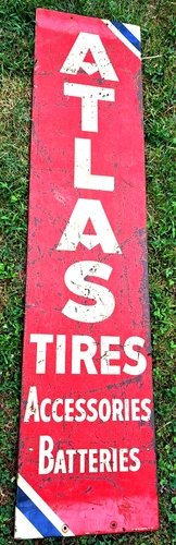 Vtg 1961 ATLAS TIRES METAL SIGN Batteries Accessories Gas/Oil/Service Station