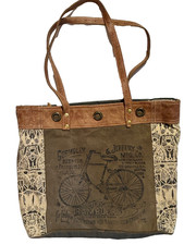 Myra Shoulder Leather Cancas Tote Upcycled Vintage Bicycle Graphic Dustessed Bag