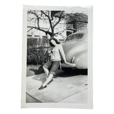 Vtg Photo Glamorous Gal Spring Pose Car Dog Lap Sweater Pants Americana Snapshot