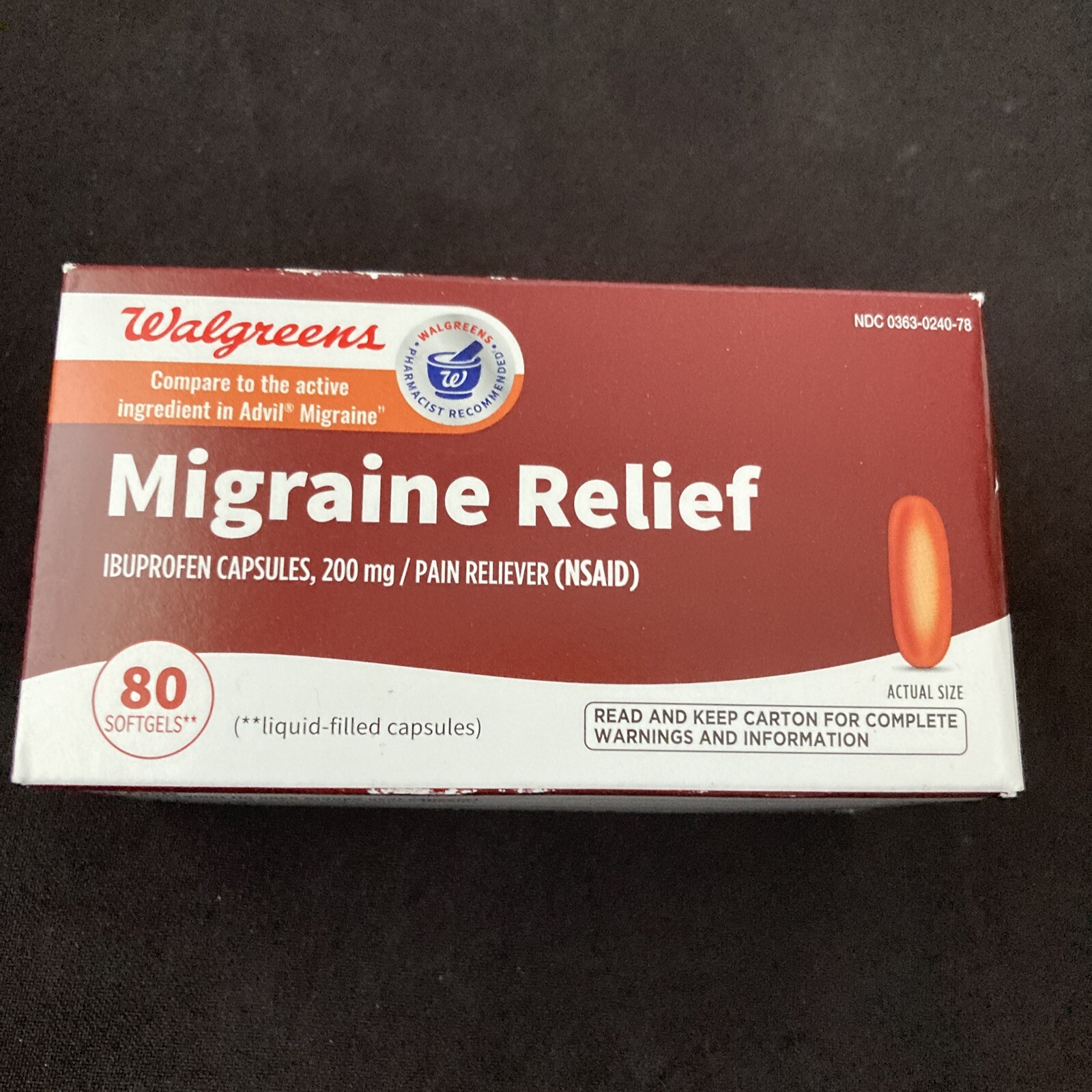 WALGREENS MIGRAINE RELIEF IBUPROFEN CAPSULES NSAID 80 SOFTGELS Exp. 02/