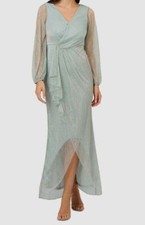 Adrianna Papell Women's Blue Metallic Mesh Bishop Sleeve Dress Size 16