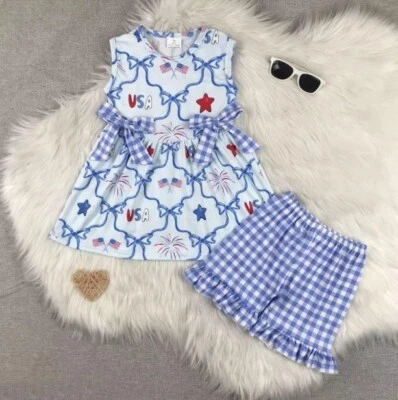 NEW Boutique 4th of July Patriotic Bows Tunic Dress & Shorts Girls Outfit Set - Image 1 of 4