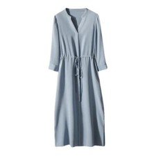 Womens Summer V Neck Long Sleeves Long Dress Silk Blue Skirt Solid Color Dress