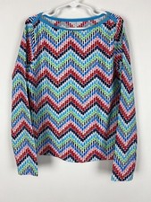 Lands  End Rash Guard Girls Size 8 Chevron Print Long Sleeve Boat Neck Stretch