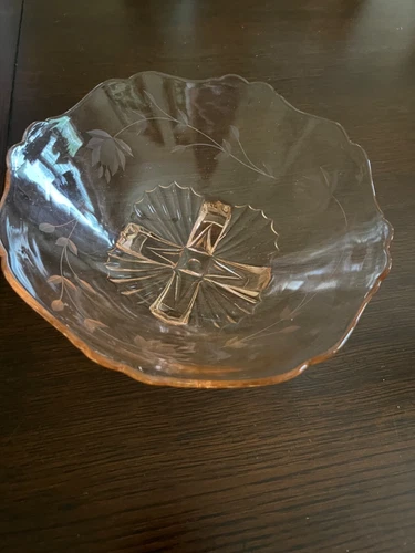 Depression Glass Cross Foot Candy Serving Dish Pink Etched Floral Bowl 8 1/2” W