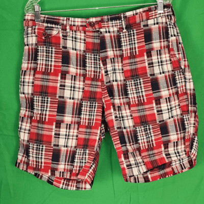 J Peterman Mens Red Madras Plaid Bermuda Shorts 34