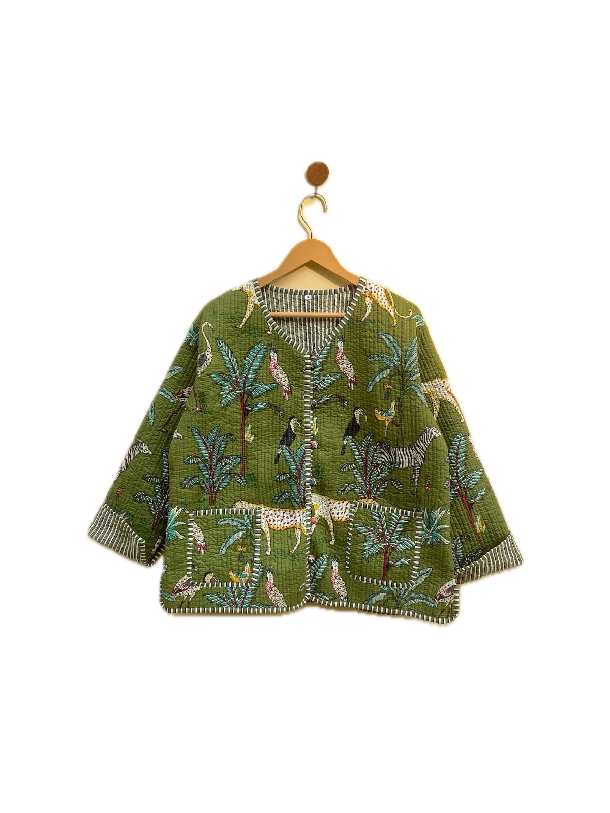 Indian Green Tiger Print Cotton Quilted Unisex Jacket Women's Clothing Jacket AU