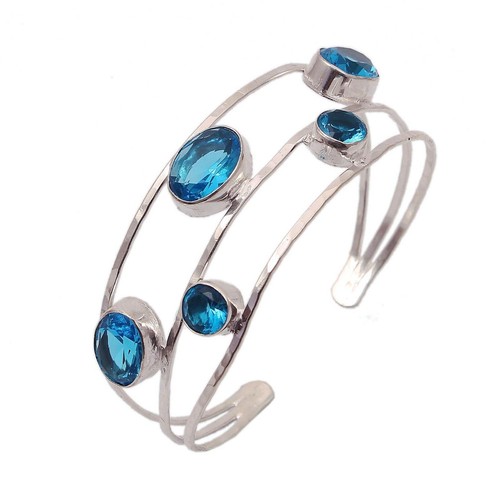 Bracelet Manchette Ajustable En Argent 925 Avec Topaze Citrine Et Pierre De Lune Bleue - Fait Main En Inde