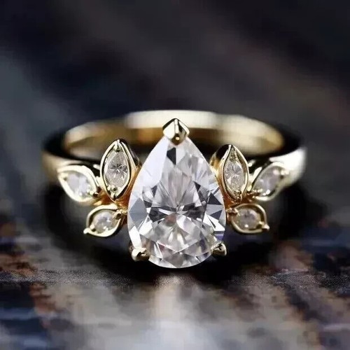 14K Gold Plated 2Ct Pear Lab-Created Diamond Women Wedding Ring Solid 925 Silver - Picture 2 of 8