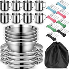 58 Pcs Camping Plates Cups and Bowls Set, Stainless Steel Dishes Mess Kit