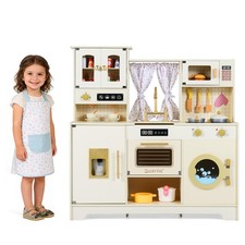 Kids Play Kitchen Wooden Toy Kitchen Playset w/ 14 Accessories Ice Maker Coffee