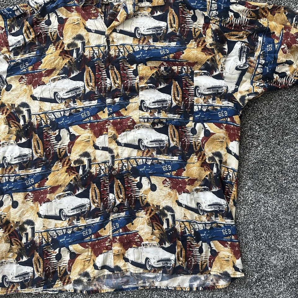 Camisa masculina vintage Crossings 1X estampa de avião de carro rayon botão para cima casual anos 90 Coreia - Imagem 3 de 4