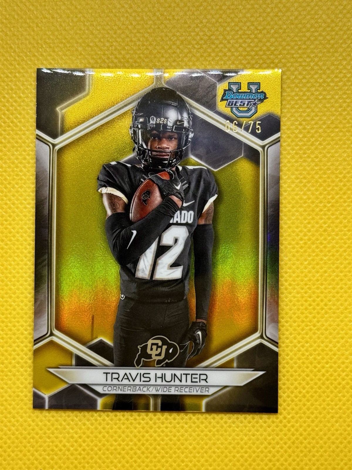 2023 Bowman University Best Travis Hunter Yellow Refractor #/75 Buffaloes