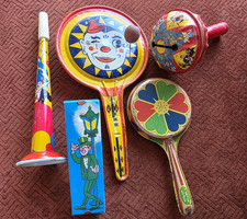 Vintage Lot of 5 Kirchof US Metal Party New Years Eve Noisemakers Litho Tin Toys
