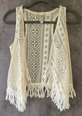 Knit Works Crochet Vest Womens Large Cream Open Festival Fringe White West EUC