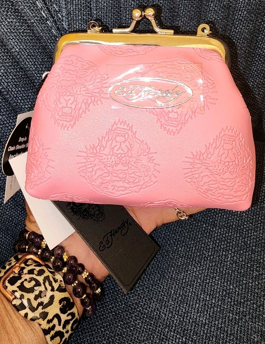 Ed Hardy Debossed Pink Coins FauxLeather Bag Kisslock Pouch On a