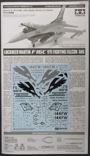 Tamiya  1/48th Scale F-16C - Decal Sheet A from Kit No. 61101