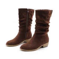 Lurnyet Women's Faux Suede Calf High Slouch Boots With Zipper 1.5 Inch Heel