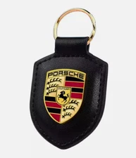 NEW GENUINE PORSCHE LEATHER CREST KEY RING FOB CHAIN BLACK WAP0500950E