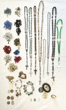 Vintage Lot Of 35+  Religious Items: Rosaries, Medallions, Jewelry, Misc.
