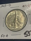 1943 D Walking Liberty Half Dollar Au-Bu Uncirculated 90% Silver