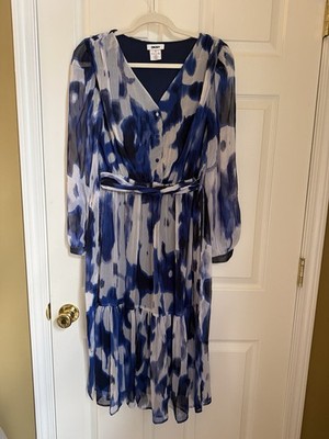 DKNY Abstract Chiffon Midi Dress Belt Button Accents Blue White V-Neck Size 6