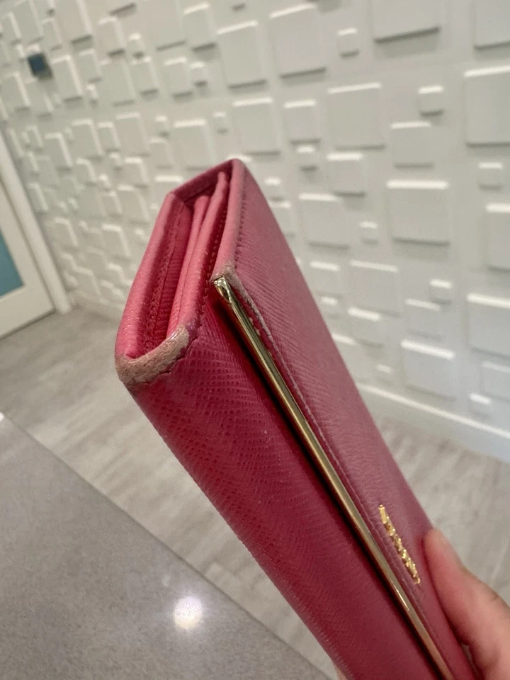 SALE!! Authentic PRADA Gold Logo Pink Saffiano Leather Long Wallet - Image 4 of 4