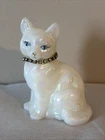 Vintage Fenton Iridescent Cat Figurine w/April Rhinestone Collar -Signed P. Lane