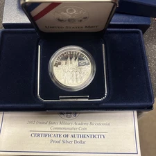 2002 West Point Military Academy PROOF 90% Silver Dollar US Mint Coin Box + COA