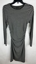 Ann Taylor Dress Womens XS Gray White Striped Straight Long Sleeve Lined Ruched 
