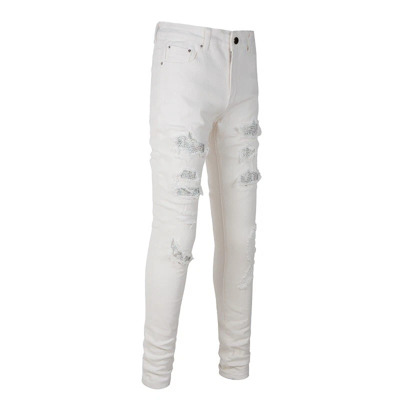 Men's Stretchy Denim Skinny Jeans with Ripped Fringe and Rhinestone Patches - Image 3 of 4