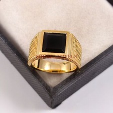 Naturale Onice Nera Gemma Con Placcato Oro 925 Argento Sterling Uomo Anello #869