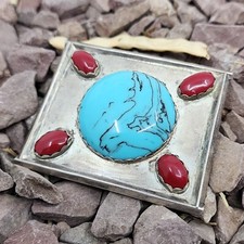 Southwest Style Sterling Silver handmade Faux Turquoise  Coral Belt Buckle