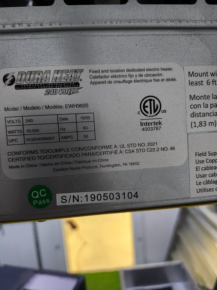 Dura Heat 10kW Unit Heater 240V 1PH (MN EWH9600) eBay