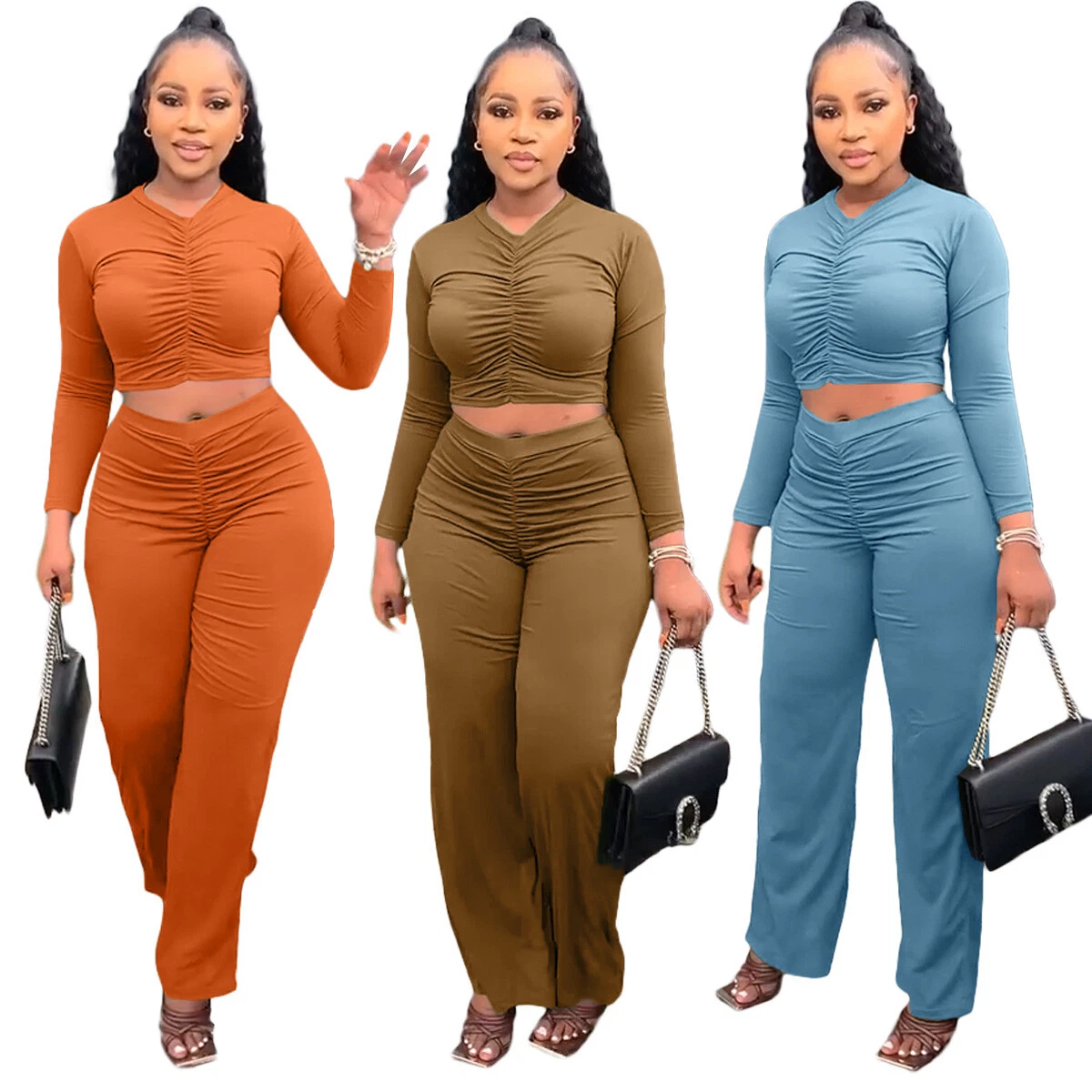 Women Fashion Long Sleeve Top Ruched Long Pants Casual Sports Two Piece  Outfits