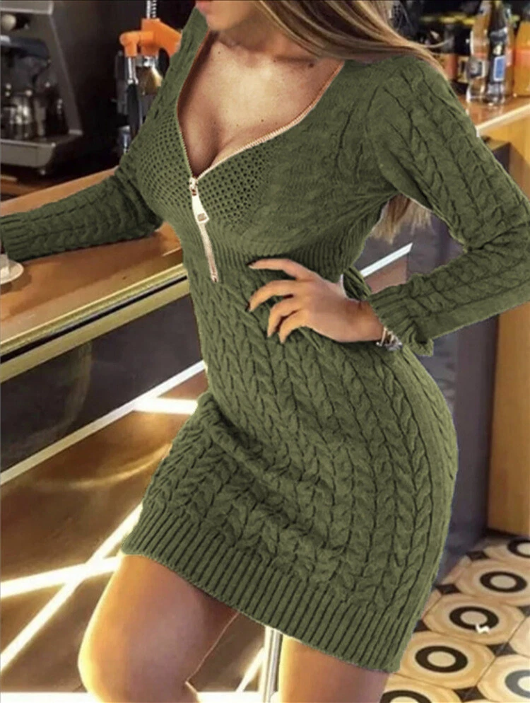 Womens Zipper V Neck Pullover Knitted Jumpers Slim Fit Elegant