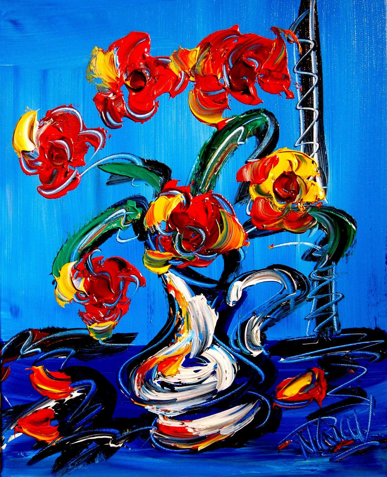 FLOWERS BLUE RED by Mark Kazav  Abstract Modern CANVAS Original Oil PDFHT MJJ