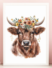 Cow Wall Art Print, Floral Crown Cow Print, Farmhouse Wall Decor, Home Decor 24