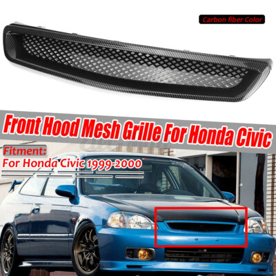 Front Bumper Lip & Mesh Grill For 1999-2000 Honda Civic 2/3/4 Door – PU Black Add-On, Direct Fit Type-R Style