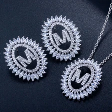 Women Fashion Silver Plated Zircon Alphabet Letter Necklace Earrings Jewelry Set