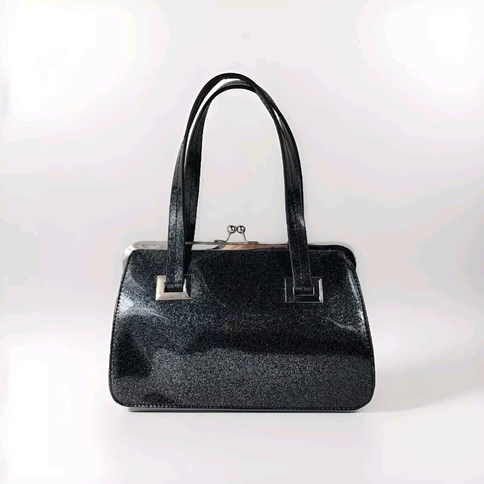 Hell Bunny Black Sparkle Lock Kiss Clasp Ball Handbag Purse 8 H X 11 W 5 Dust - Image 2 of 4